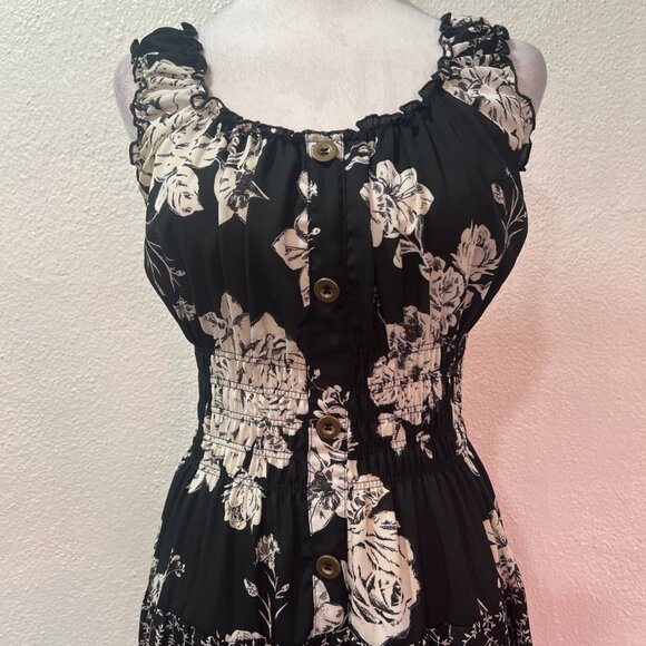 Lapis tiered Y2K maxi Dress S Black White Floral Cottagecore Boho Empire Waist - Picture 2 of 15